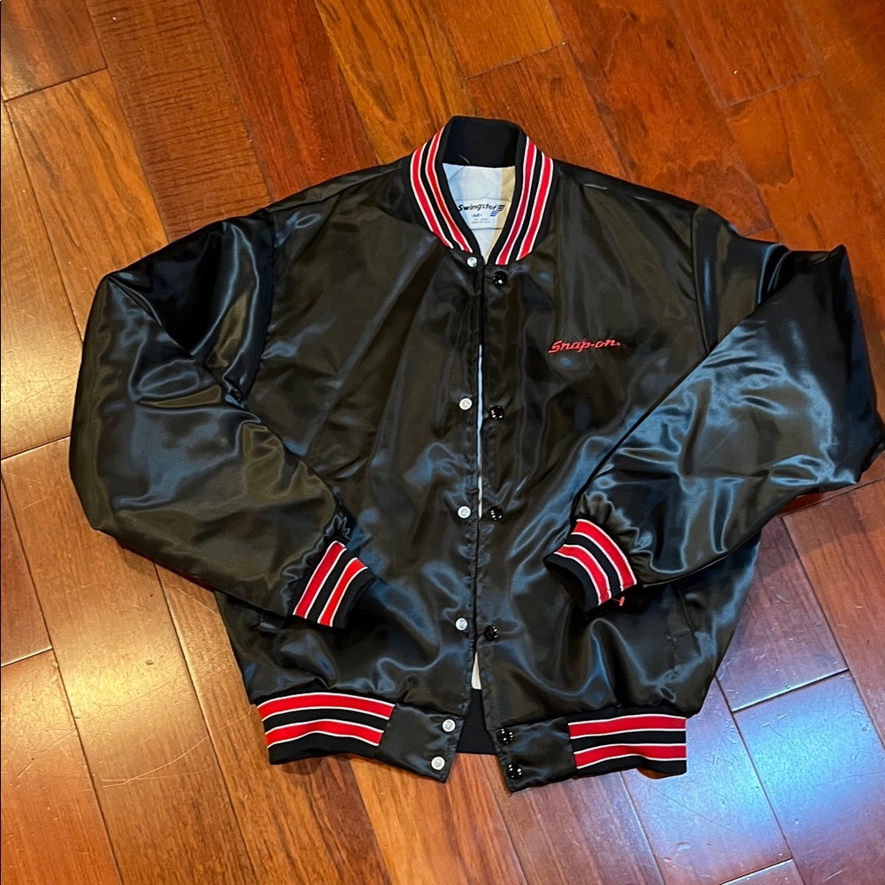 Swingster Y2K black Satin Bomber Jacket SNAP-ON Tools SzL